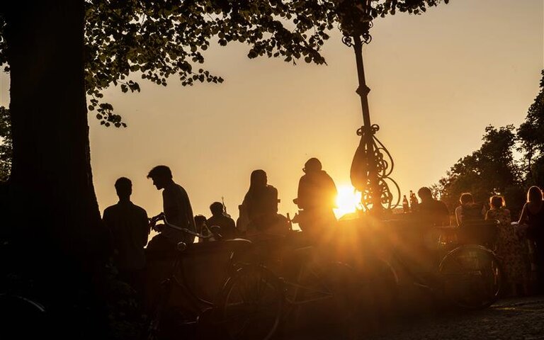 Silhouette von Menschen im Park vor einem Sonnenuntergang | © IMAGO / Wolfgang Maria Weber 