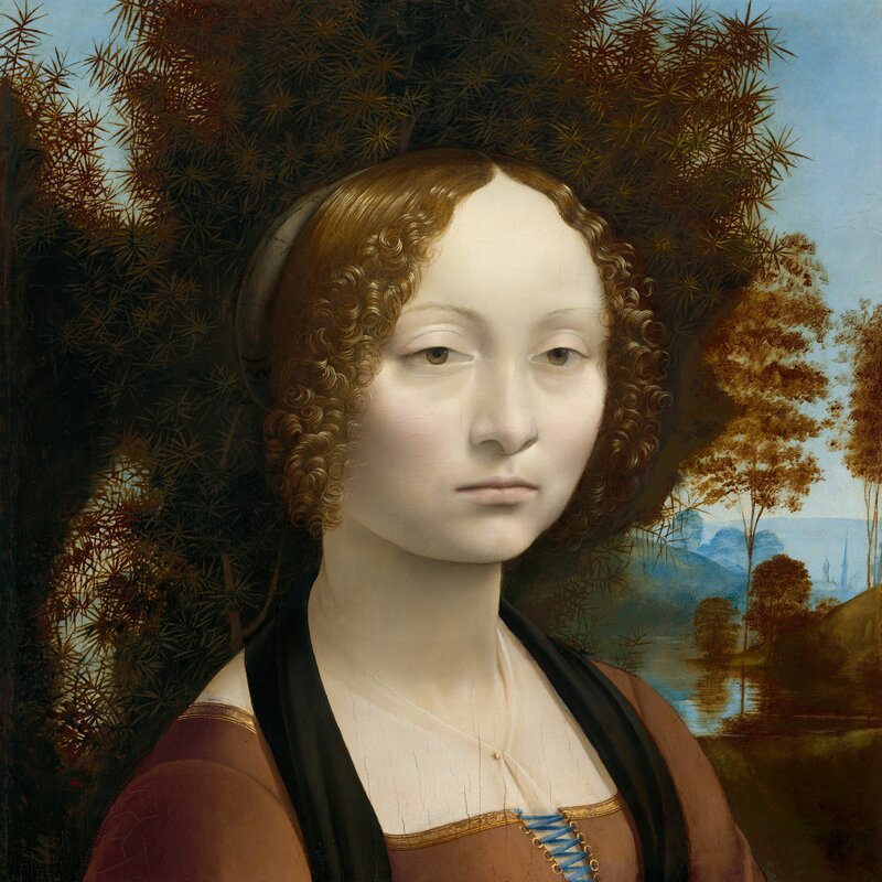 Porträt der Ginevra de’ Benci (1474–1478) von Leonardo da Vinci in der National Gallery of Art; es zeigt eine junge Frau der Florentiner Oberschicht mit distanziertem Gesichtsausdruck kurz vor ihrer Hochzeit. | © National Gallery of Art, Washington
