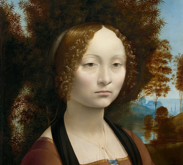 Porträt der Ginevra de’ Benci (1474–1478) von Leonardo da Vinci in der National Gallery of Art; es zeigt eine junge Frau der Florentiner Oberschicht mit distanziertem Gesichtsausdruck kurz vor ihrer Hochzeit. | © National Gallery of Art, Washington