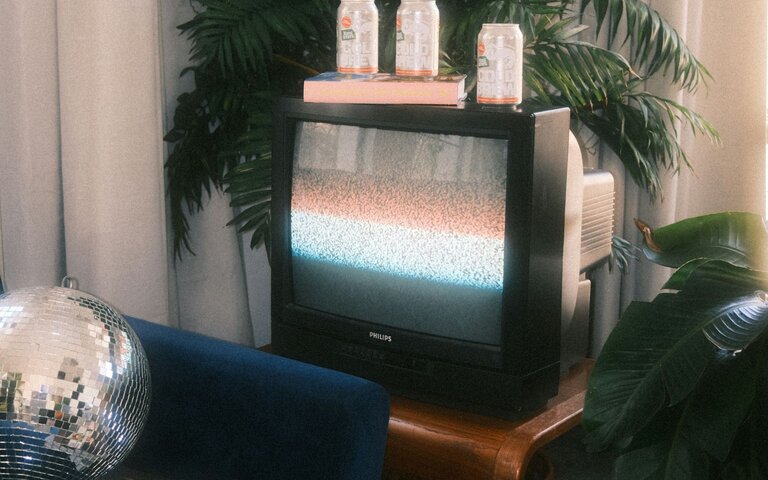 In einem Raum steht ein Röhrenfernseher, auf dem Dosen gestapelt wurden. Im Hintergrund sind Pflanzen zu sehen. | © unsplash/Marissa Lewis