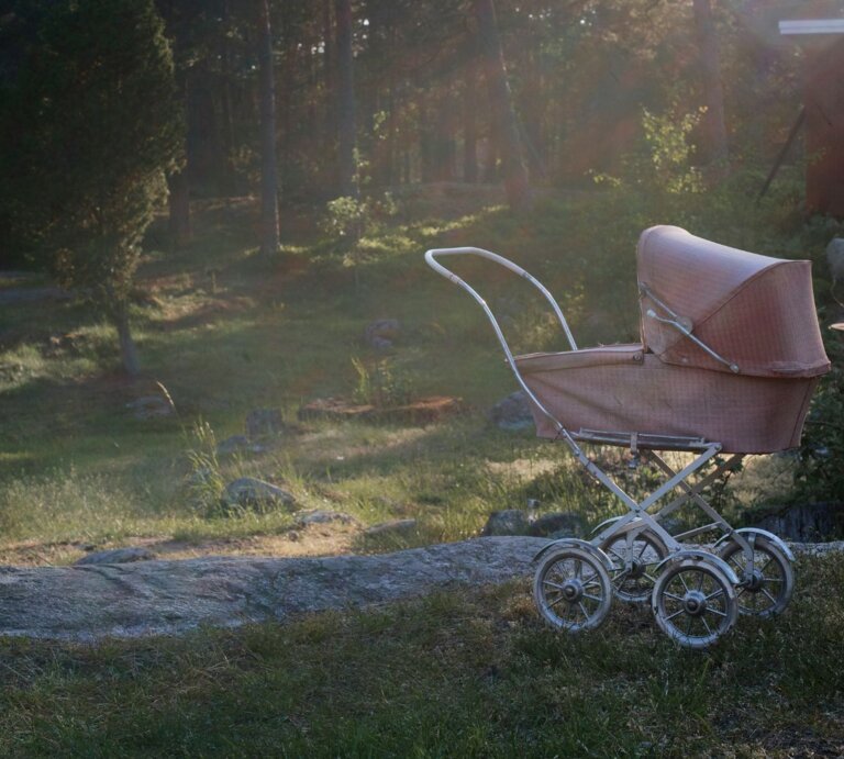 Ein rosa Kinderwagen vor einem roten Haus im Wald | © unsplash/lagermannen