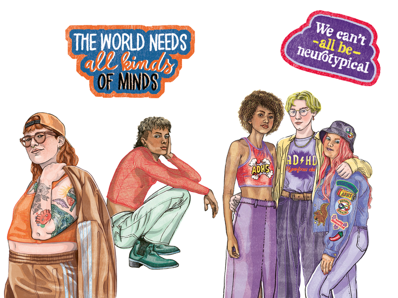 Illustration von Irmela Schautz, die viele verschiedene Menschen zeigt. Text: The world needs all kinds of mind. | We can't all be neurotypical.  | © Illustration: Irmela Schautz