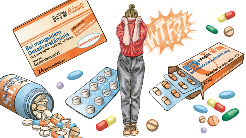 Illustration von Irmela Schautz, die Medikamente für neurotypische Menschen abbildet, damit sie neurodivergente Menschen besser verstehen.  | © Illustration: Irmela Schautz