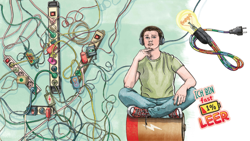 Illustration von Irmela Schautz, die eine Person mit Kopfhörern zeigt, die auf einer Batterie sitzt und umgeben von Kabeln ist. Daneben steht auf einem fast leeren Akku geschrieben: Ich bin fast leer - 1%.  | © Illustration: Irmela Schautz