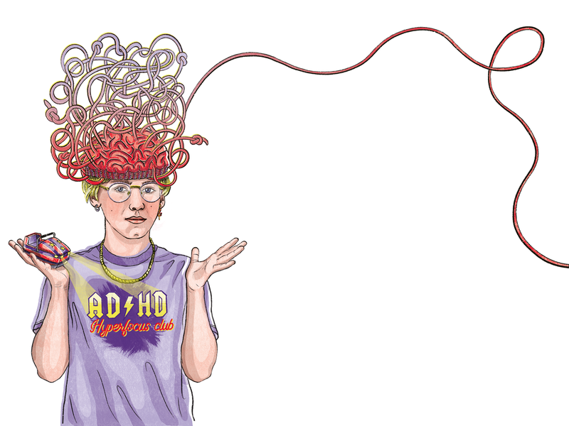 Illustration von Irmela Schautz: Die Person auf dem Bild trägt ein Shirt mit der Aufschrift "ADHD Hyperfokus club" und trägt eine Mütze, die wie ein aus Kabeln gebildetes Gehirn zeigt.  | © Illustration: Irmela Schautz