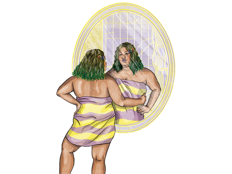 Illustration von Irmela Schautz, die eine vor dem Spiegel stehende Person zeigt, die sich durch das Glas selbst umarmt. | © Illustration: Irmela Schautz