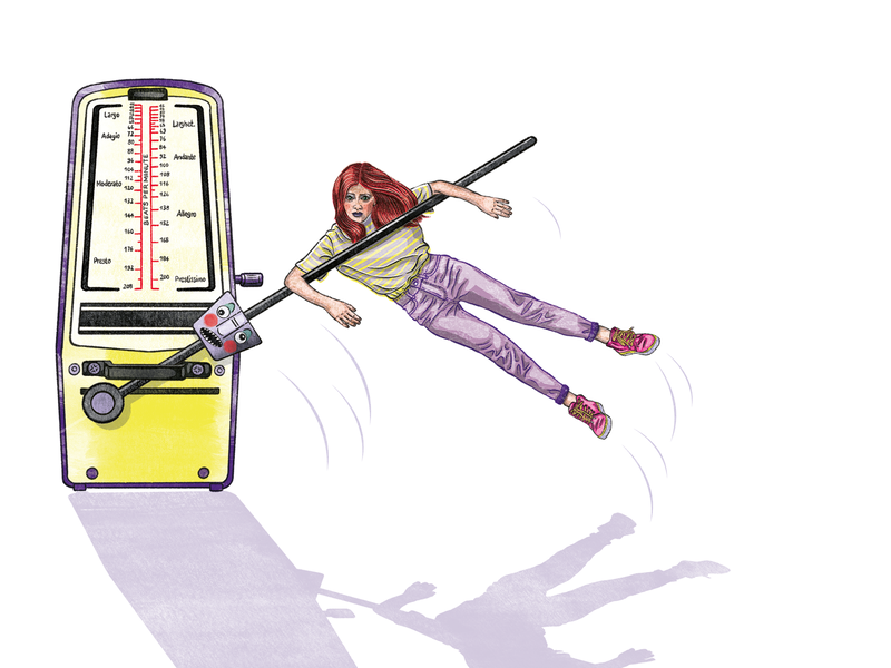 Illustration von Irmela Schautz: Eine Person hängt an der Nadel eines Metronoms und wird dadurch von hin- und hergeschwenkt.  | © Illustration: Irmela Schautz
