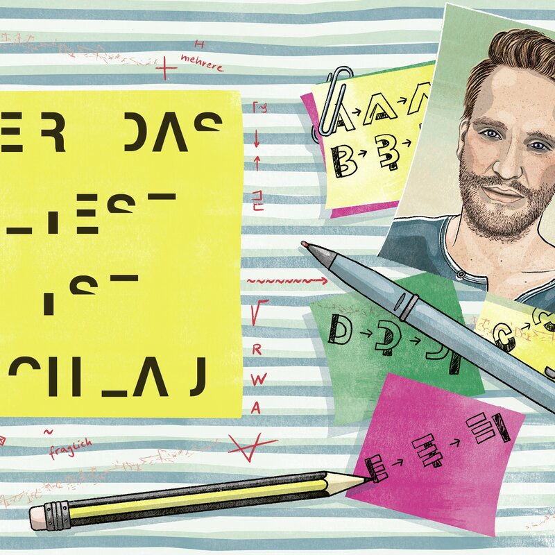 Illustration von Irmela Schautz, die ein Porträt von Daniel Britton zeigt. Er hat die sogenannte Dyslexia-Schrift erfunden und ein illustratives Beispiel dafür ist in Form eines Post-it's auf der Illu zu sehen. | © Irmela Schautz | Ausschnitt aus dem Buch mit einer Illustration von Daniel Britton, der die sogenannte Dyslexia-Schrift erfunden hat, wie sie auf dem Post-it zu sehen ist. 