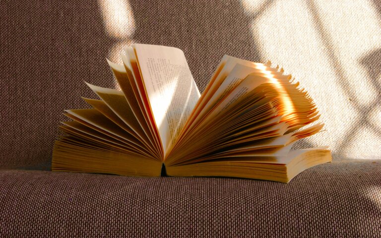 Ein Buch liegt aufgeschlagen auf einem Sofa in der Sonne. | © Foto: Jude Allenby Dossantos | Unsplash