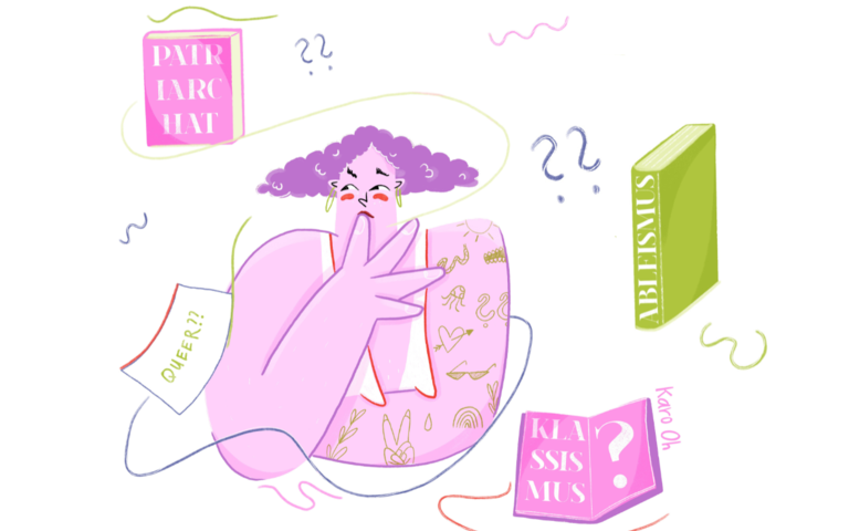 Die Illustration zeigt eine Person, die nachdenklich zur Seite blickt. Um sie herum schweben Bücher und Fragezeichen durch die Luft. Auf den Buchrücken sind Wörter wie "Klassismus", "Patriarchat", "Queer" zu lesen. | © Illustration: Karo Oh | EDITION F